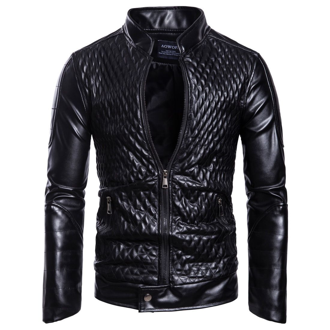 Wholesale Fashion Men Plaid Design Long Sleeves Zipper PU Leather Jacket