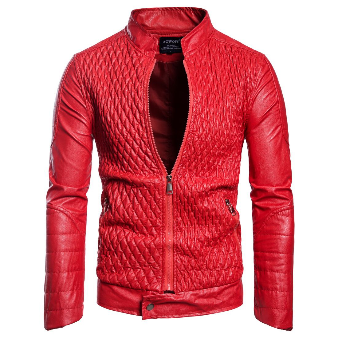 Wholesale Fashion Men Plaid Design Long Sleeves Zipper PU Leather Jacket