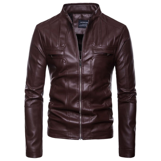 Wholesale Men 2 Colors Stand Collar Zipper Design Faux Leather Coats