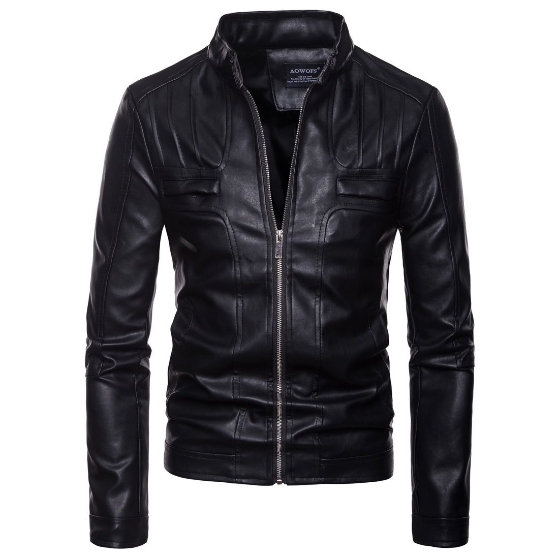 Wholesale Men 2 Colors Stand Collar Zipper Design Faux Leather Coats