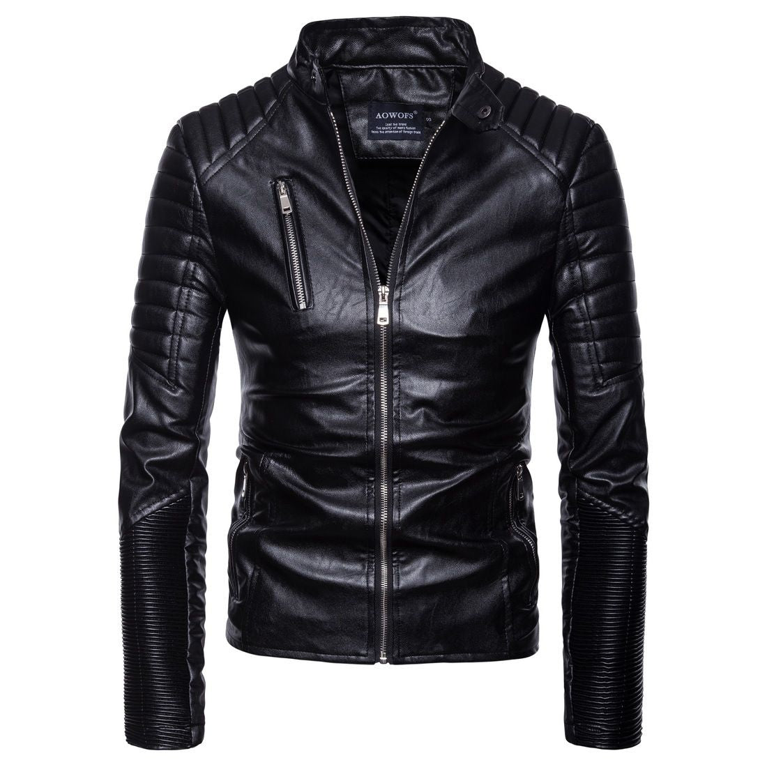 Wholesale Men Standing Collar Zipper Motorcycle Biker Leather Jacket