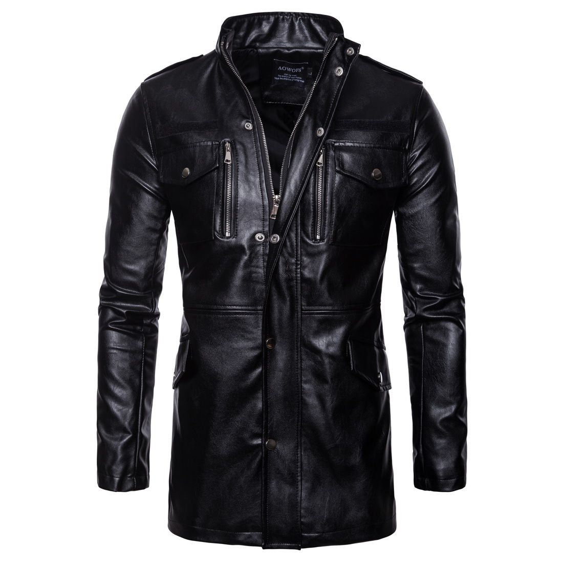 Wholesale Men Black Long PU Leather Jacket