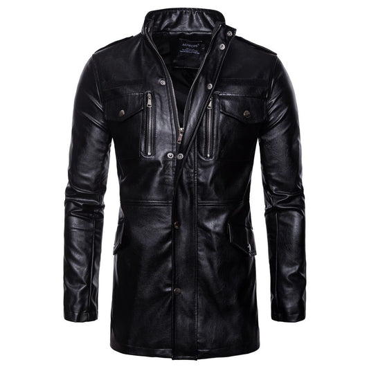 Wholesale Men Black Long PU Leather Jacket