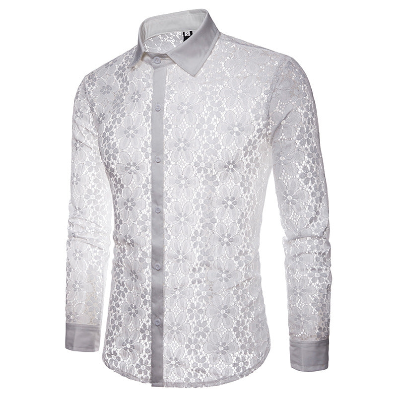 Wholesale Men Lace Design Solid Color Long Sleeves Lapel Shirts