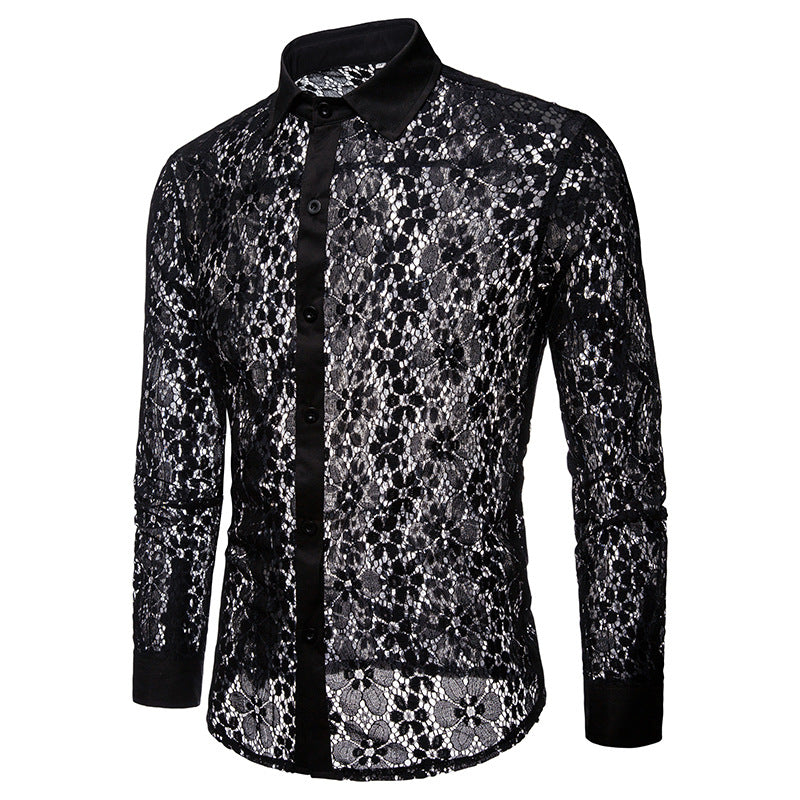 Wholesale Men Lace Design Solid Color Long Sleeves Lapel Shirts