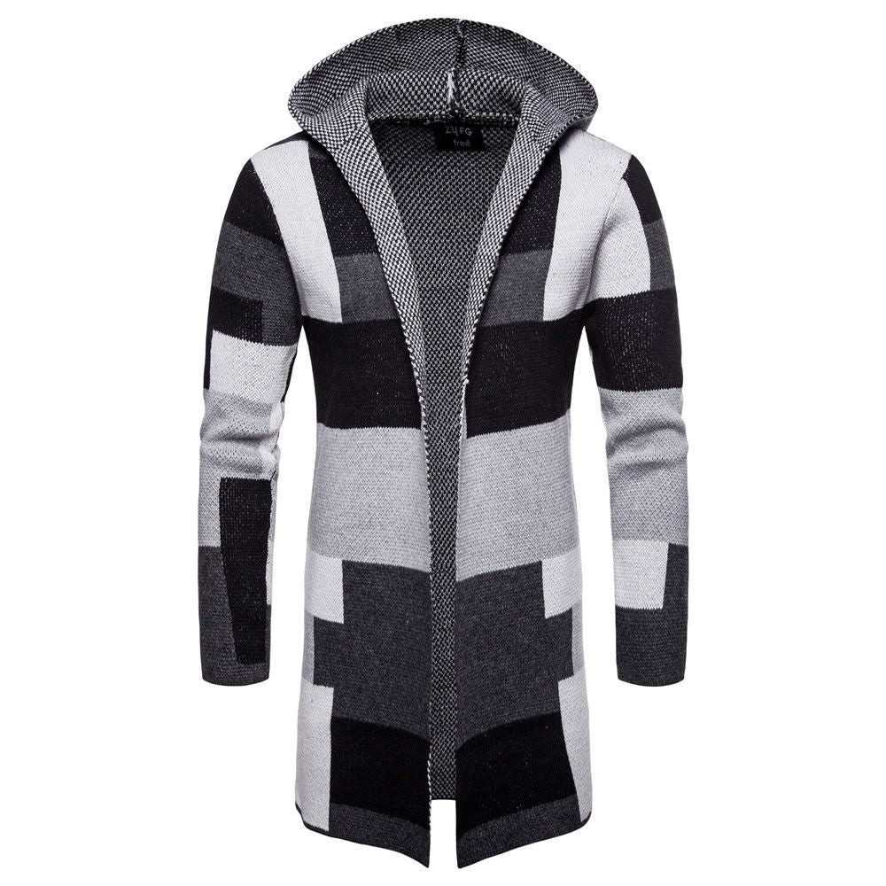 Wholesale Men Color Blocking Hooded Knitted Long Coat