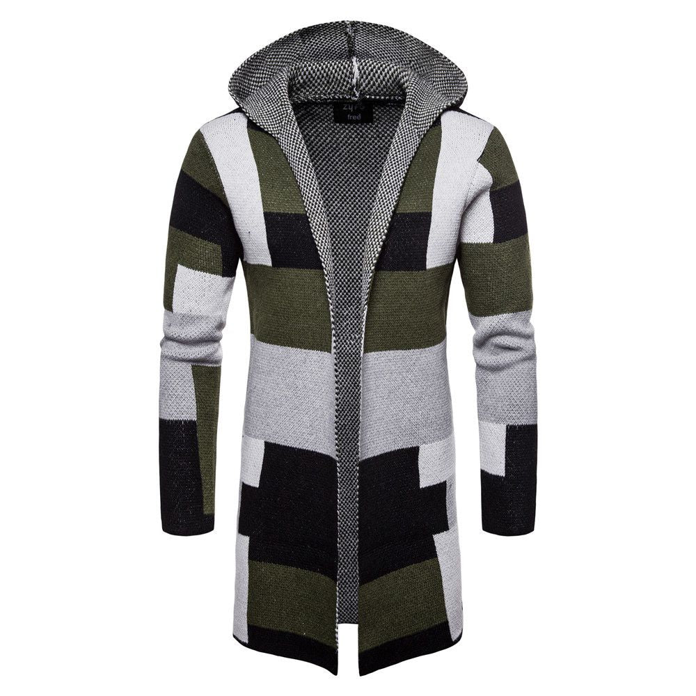 Wholesale Men Color Blocking Hooded Knitted Long Coat