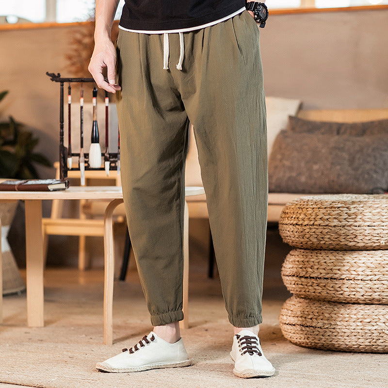 Wholesale M-5XL Men Solid Color Cotton-flax Loose Jogger Pants