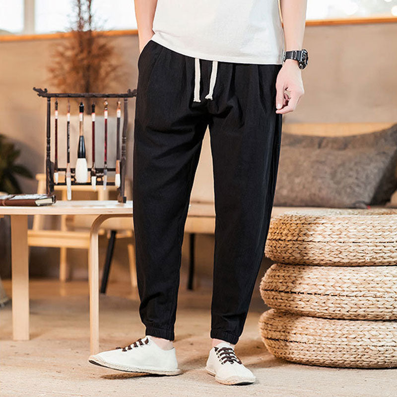 Wholesale M-5XL Men Solid Color Cotton-flax Loose Jogger Pants