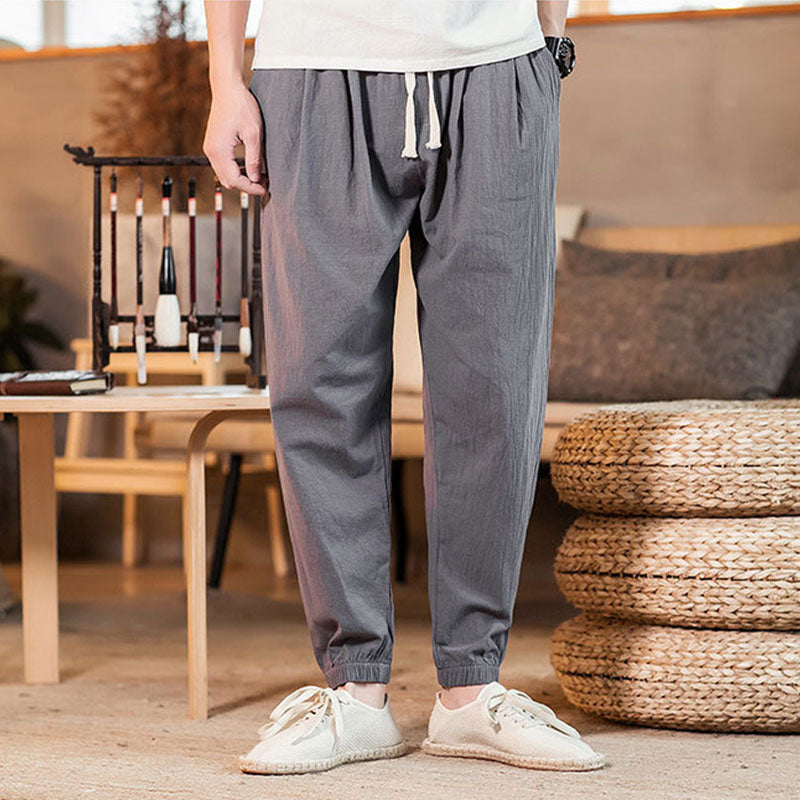 Wholesale M-5XL Men Solid Color Cotton-flax Loose Jogger Pants