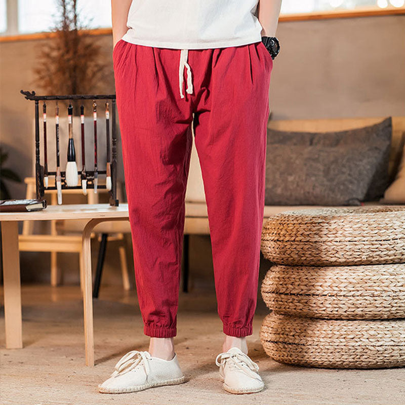 Wholesale M-5XL Men Solid Color Cotton-flax Loose Jogger Pants