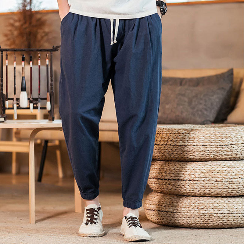 Wholesale M-5XL Men Solid Color Cotton-flax Loose Jogger Pants