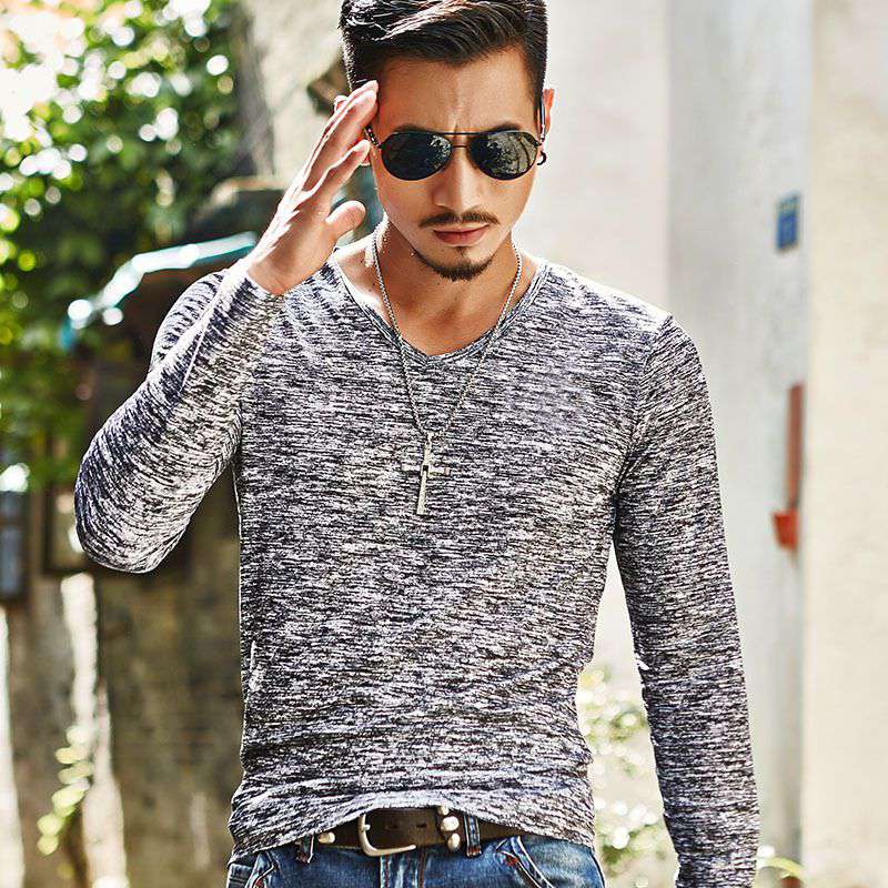 Wholesale M-3XL Men Fashion V Neck Long-sleeve T-shirt