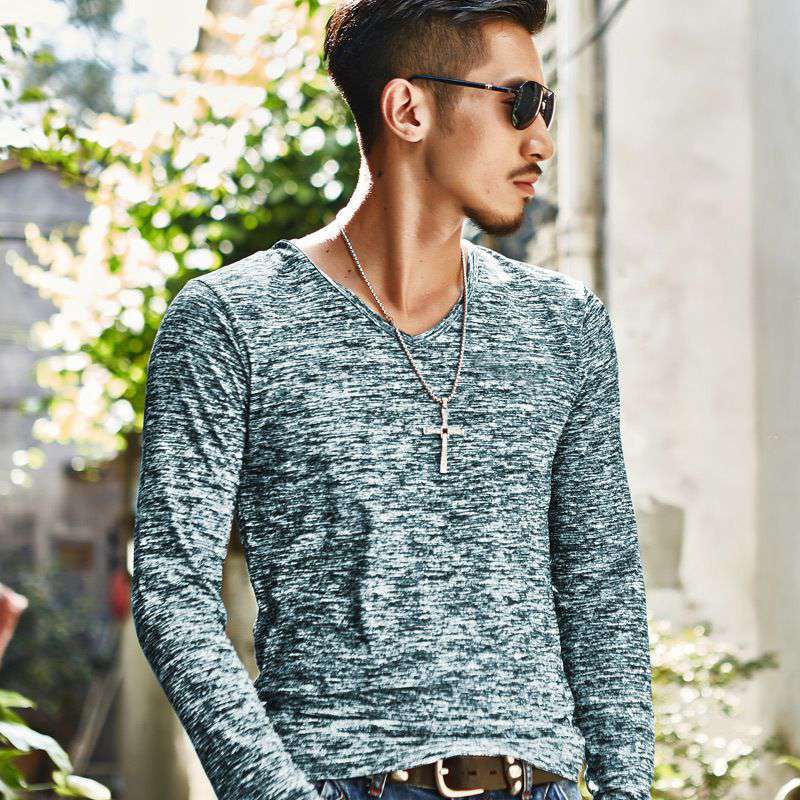 Wholesale M-3XL Men Fashion V Neck Long-sleeve T-shirt