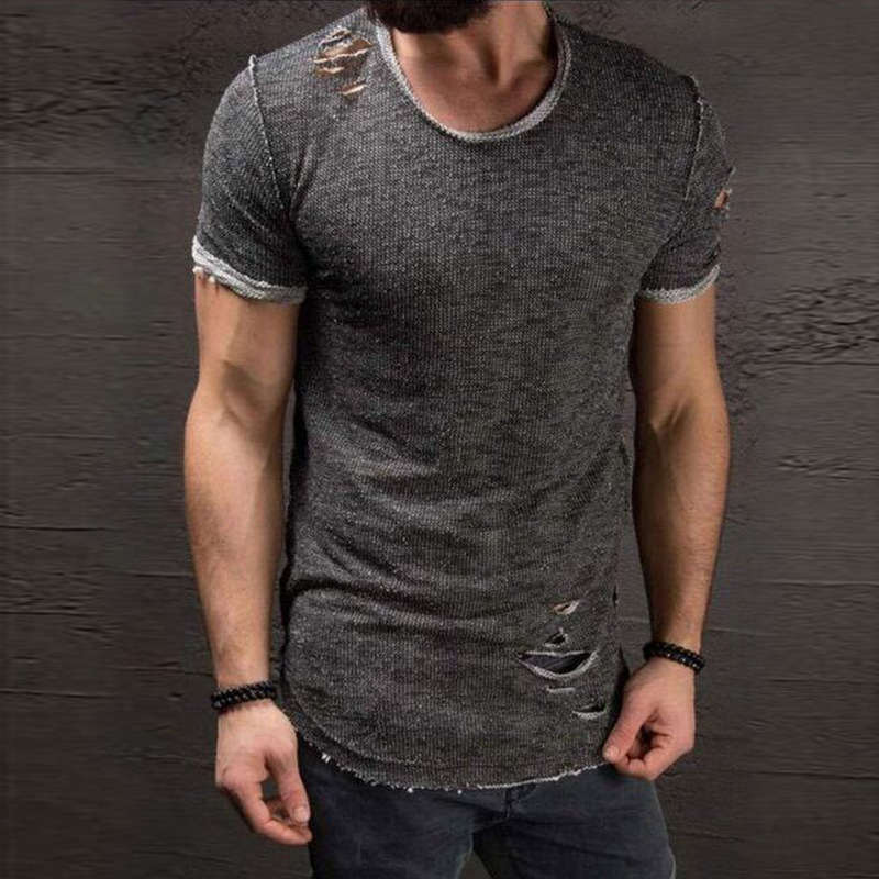 Wholesale S-4XL Men Round Neck Unique Ripped Short-sleeve T-shirt