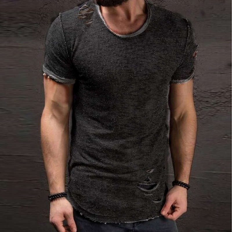 Wholesale S-4XL Men Round Neck Unique Ripped Short-sleeve T-shirt