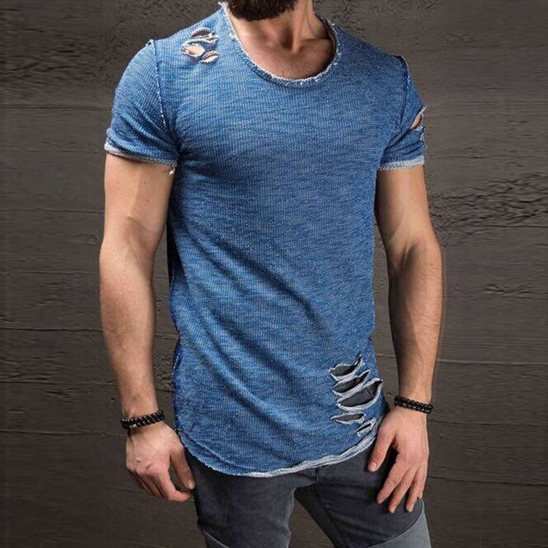 Wholesale S-4XL Men Round Neck Unique Ripped Short-sleeve T-shirt