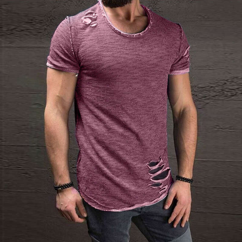 Wholesale S-4XL Men Round Neck Unique Ripped Short-sleeve T-shirt