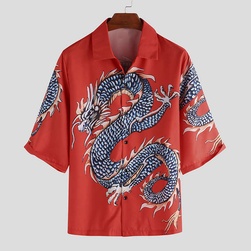 Wholesale S-3XL Men Dragon Print Short Sleeve Red Blue Shirt