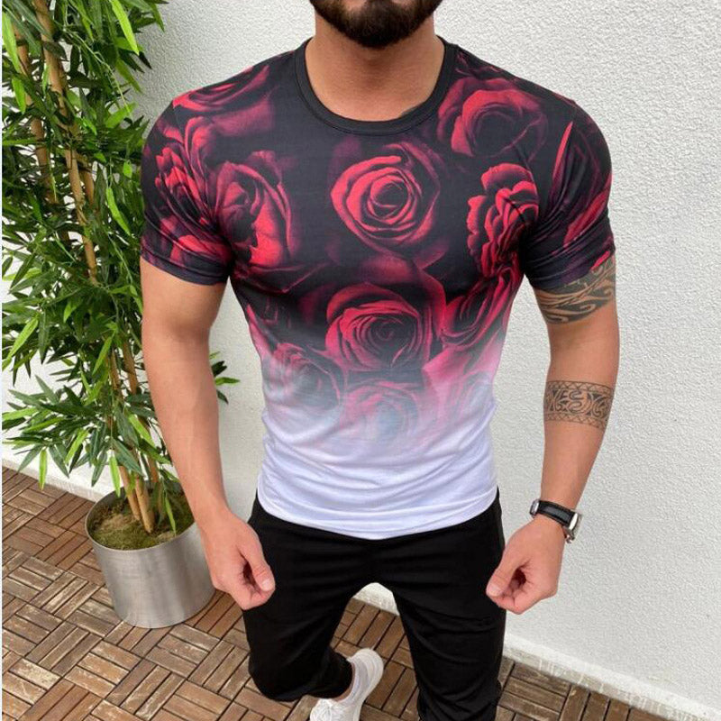 Wholesale M-3XL Men Gradient Color Rose Printed Casual Short Sleeves T-shirt