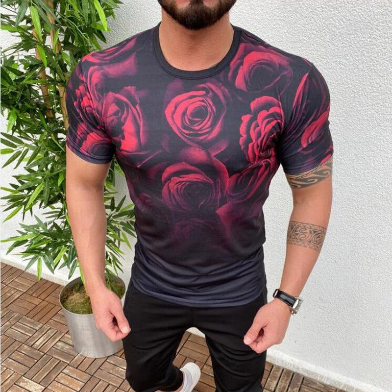 Wholesale M-3XL Men Gradient Color Rose Printed Casual Short Sleeves T-shirt