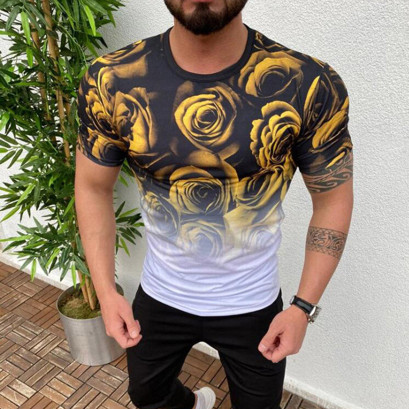 Wholesale M-3XL Men Gradient Color Rose Printed Casual Short Sleeves T-shirt