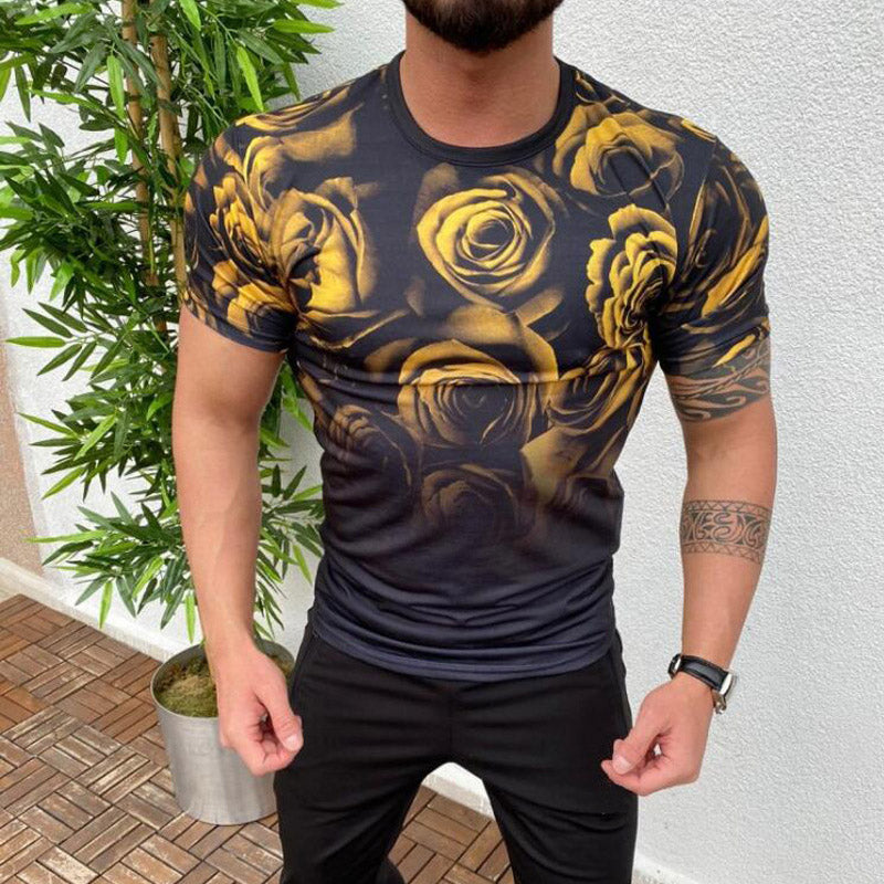 Wholesale M-3XL Men Gradient Color Rose Printed Casual Short Sleeves T-shirt