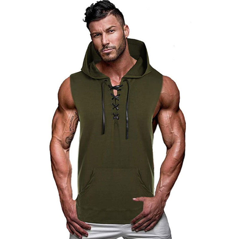 Wholesale M-2XL Men Casual Hooded Solid Color Lace-up Sleeveless Tank Top