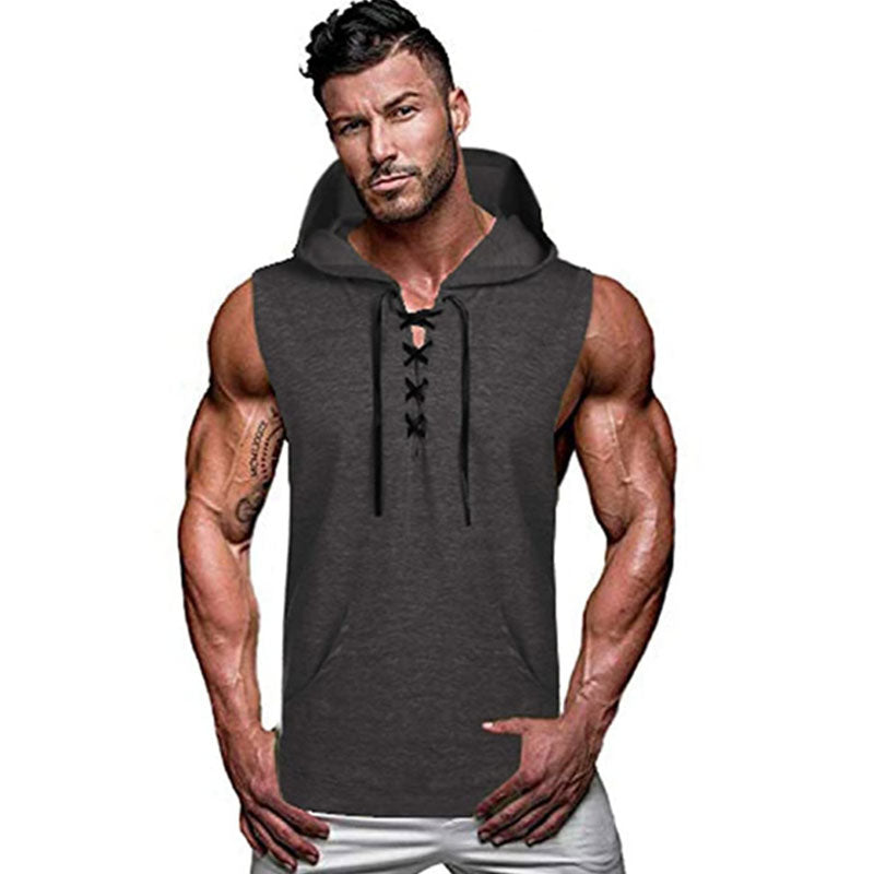 Wholesale M-2XL Men Casual Hooded Solid Color Lace-up Sleeveless Tank Top