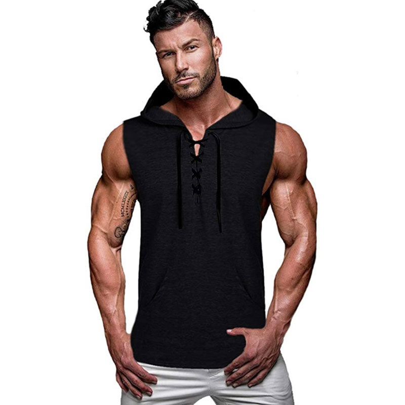 Wholesale M-2XL Men Casual Hooded Solid Color Lace-up Sleeveless Tank Top