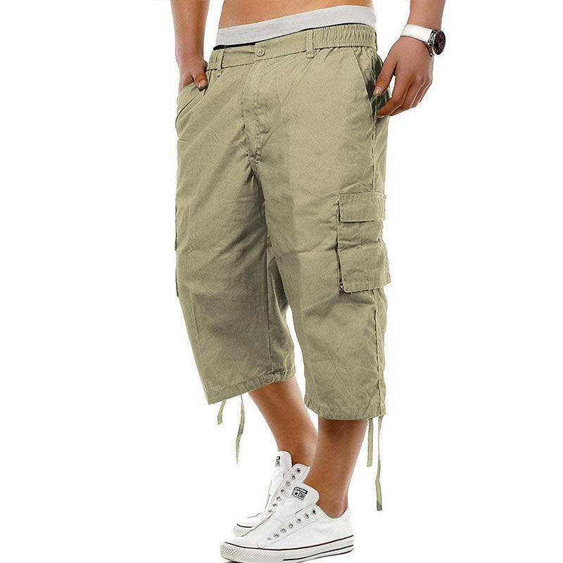 Wholesale M-3XL Men Fashion Solid Color Multi-pocket Loose Seven Points Pants