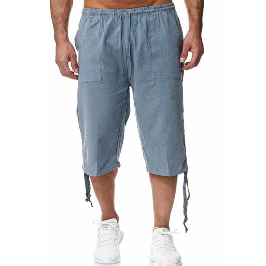 Wholesale M-3XL Men Casual Solid Color Drawstring Linen Cropped Pants