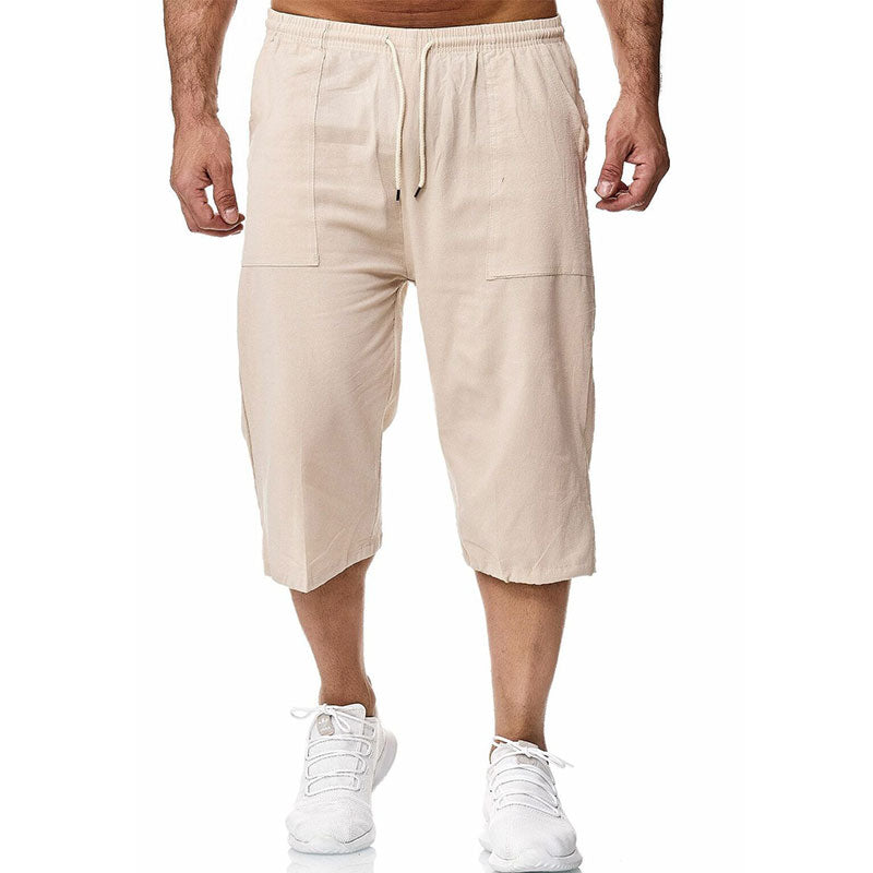 Wholesale M-3XL Men Casual Solid Color Drawstring Linen Cropped Pants