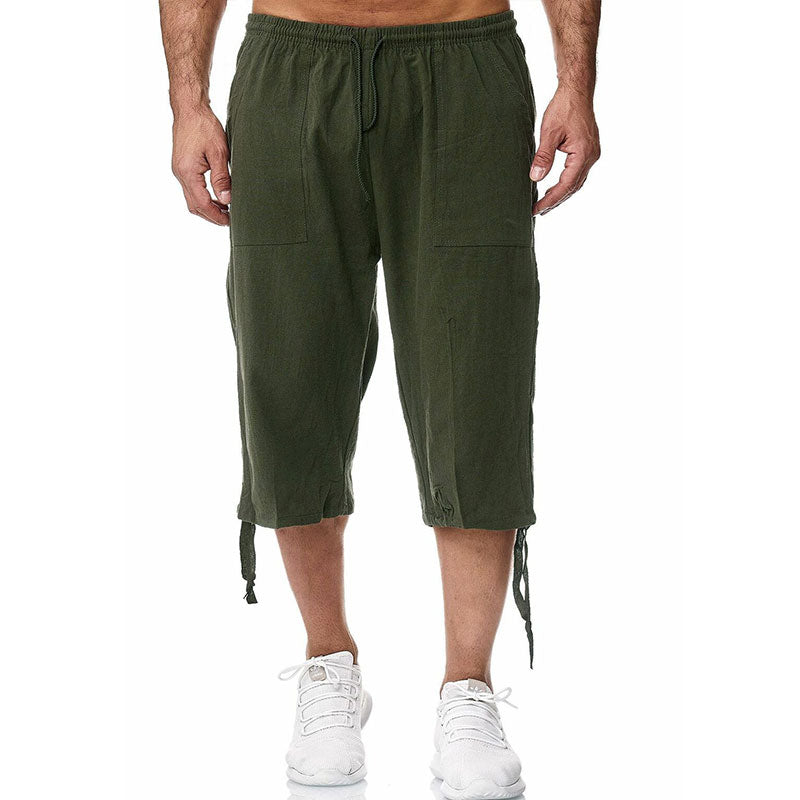 Wholesale M-3XL Men Casual Solid Color Drawstring Linen Cropped Pants