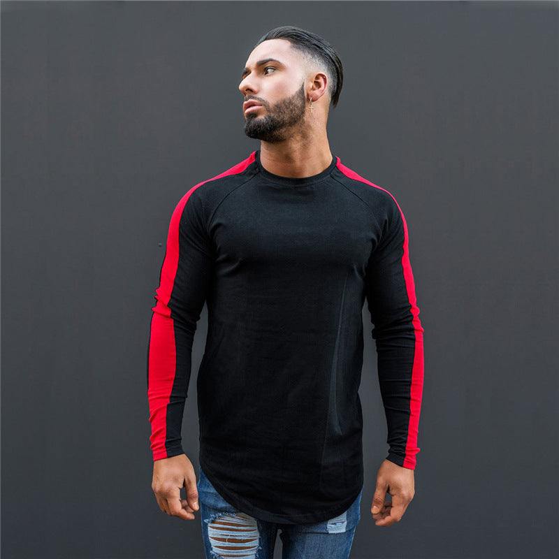 Wholesale M-XXL Men Fashion Contrast Color Patchwork Irregular Sports Long-sleeve Tee Top