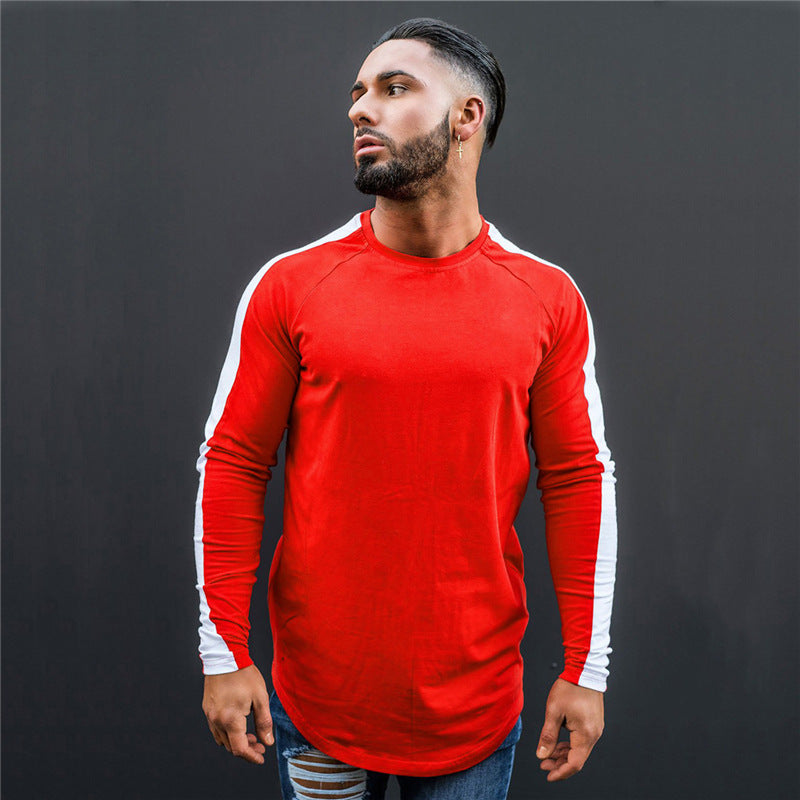 Wholesale M-XXL Men Fashion Contrast Color Patchwork Irregular Sports Long-sleeve Tee Top