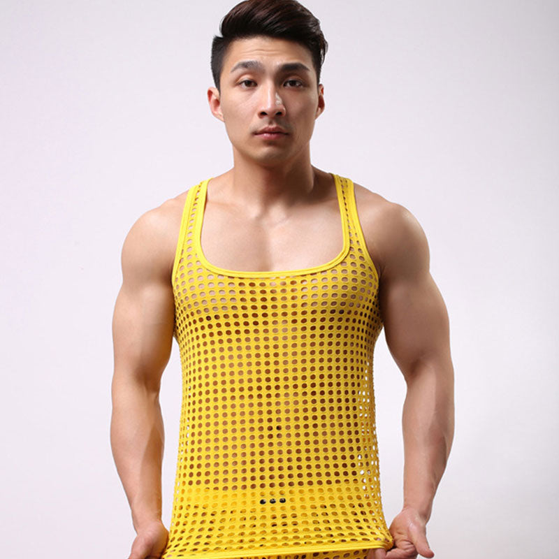 Wholesale S-XL Men Casual Solid Color Hollow Mesh Tank Top