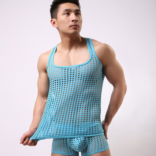 Wholesale S-XL Men Casual Solid Color Hollow Mesh Tank Top