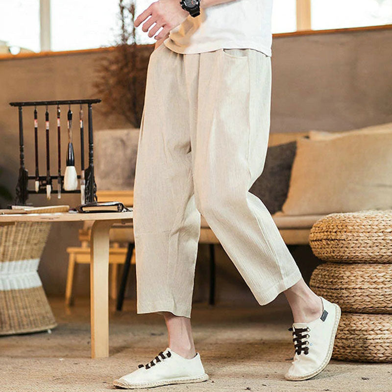 Wholesale M-5XL Men Casual Solid Color Cotton-flax Loose Straight Pants