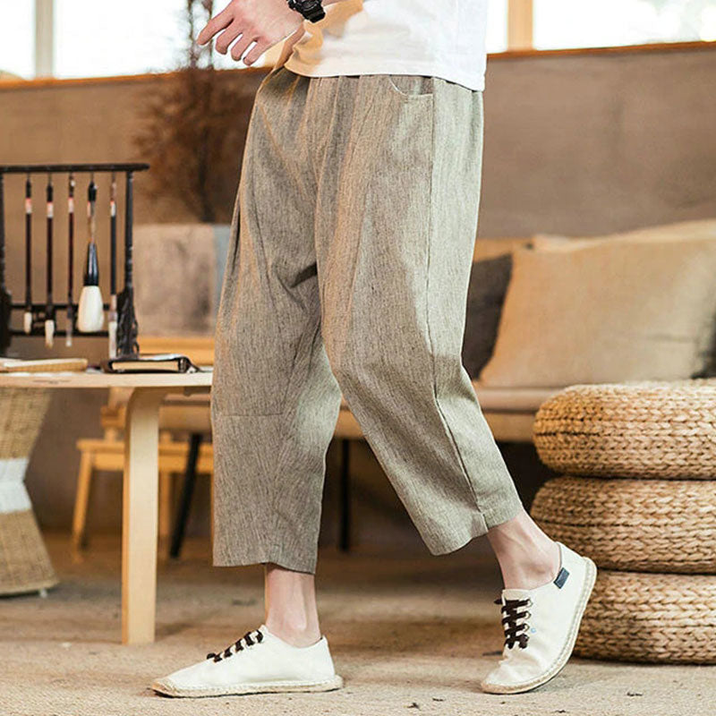 Wholesale M-5XL Men Casual Solid Color Cotton-flax Loose Straight Pants