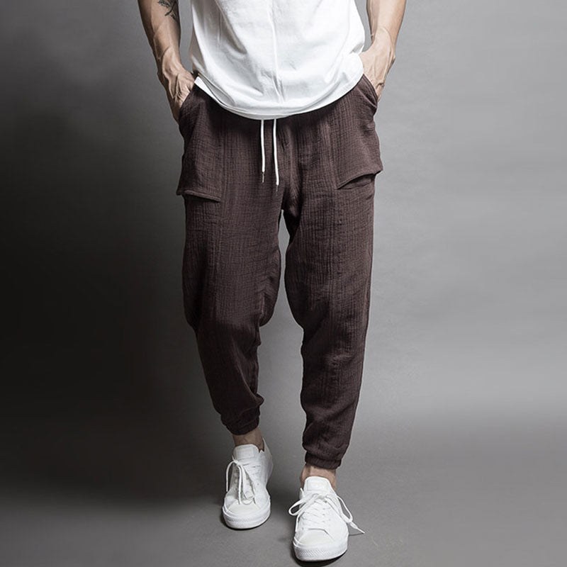 Wholesale M-3XL Men Casual Pocket Patchwork Creased Drawstring Pants