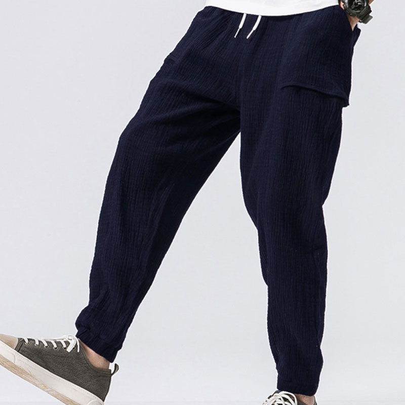 Wholesale M-3XL Men Casual Pocket Patchwork Creased Drawstring Pants