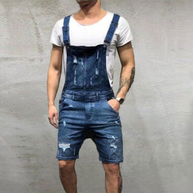 Wholesale S-3XL Men Ripped Metal Button Pocket Patchwork Denim Rompers