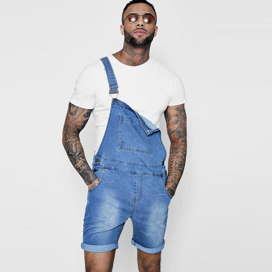 Wholesale S-2XL Men Metal Button Pocket Patchwork Denim Rompers