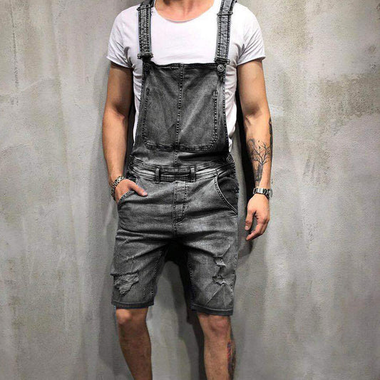 Wholesale S-3XL Men Ripped Pocket Patchwork Denim Rompers