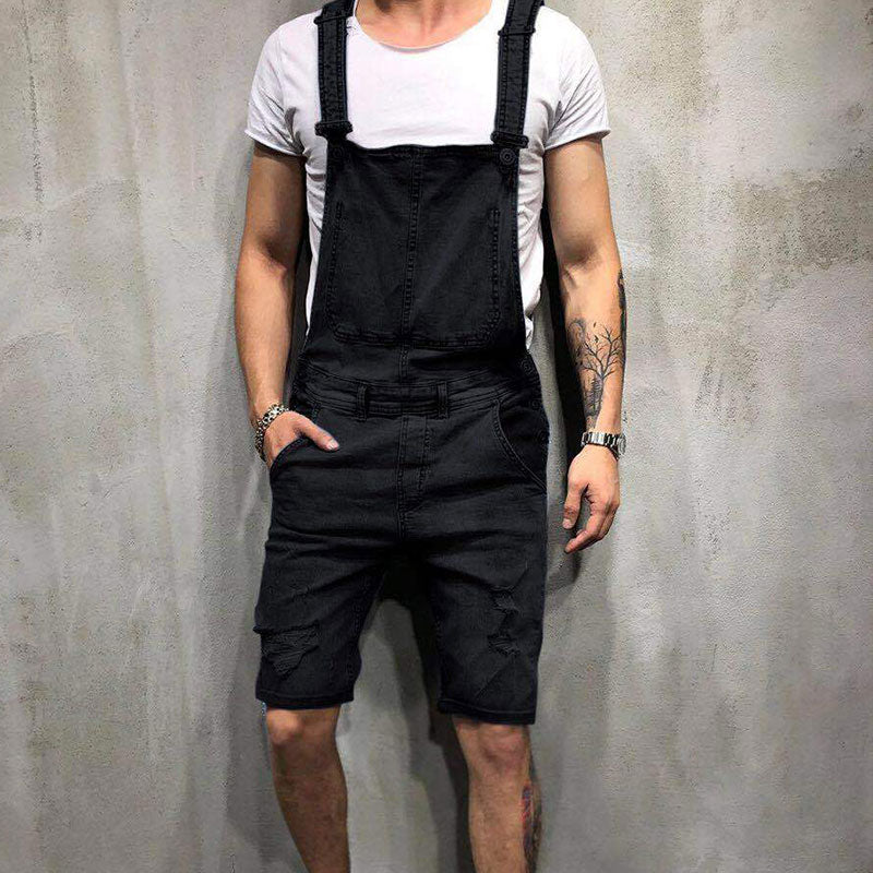 Wholesale S-3XL Men Ripped Pocket Patchwork Denim Rompers