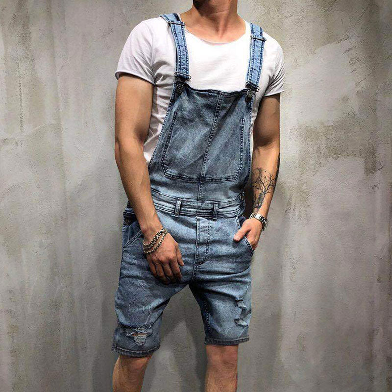 Wholesale S-3XL Men Ripped Pocket Patchwork Denim Rompers