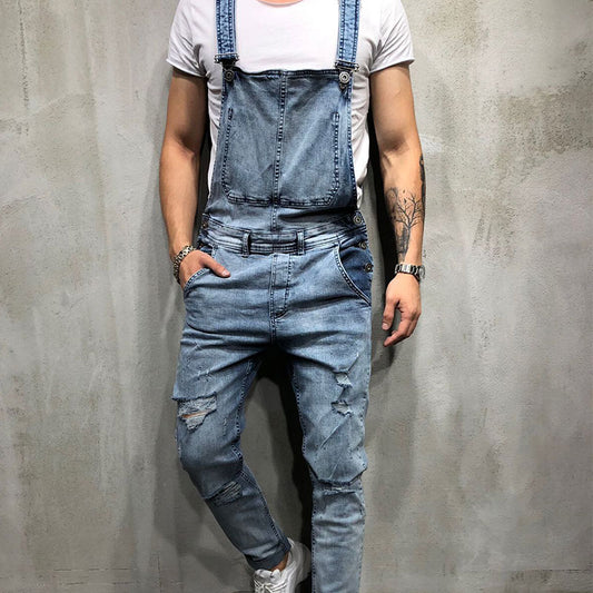 Wholesale S-2XL Men Fashion Ripped Hole Pocket Patchwork Denim Jumpsuits