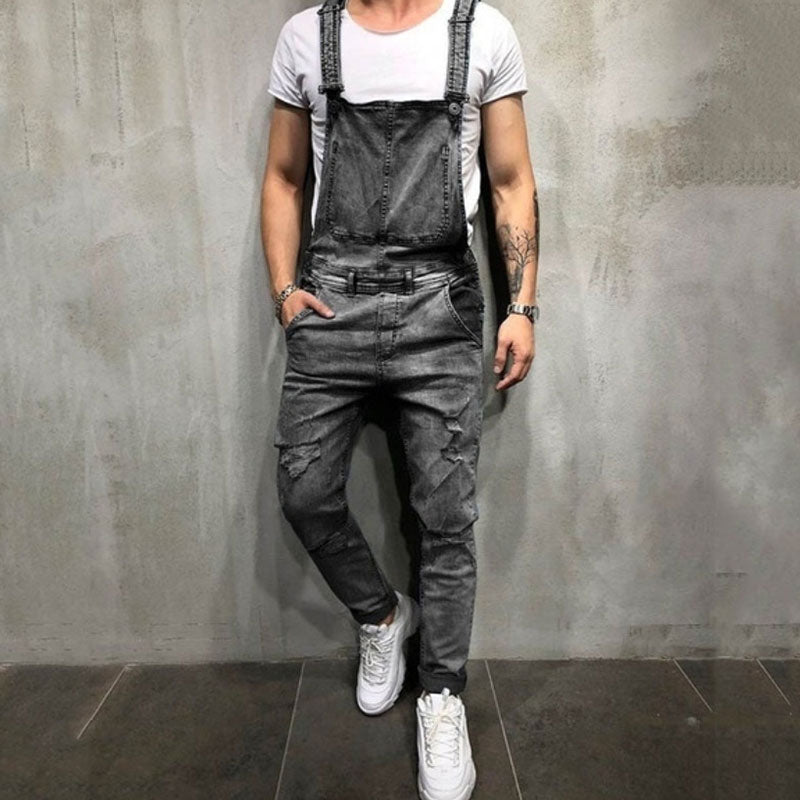 Wholesale S-2XL Men Fashion Ripped Hole Pocket Patchwork Denim Jumpsuits