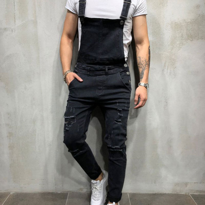 Wholesale S-2XL Men Fashion Ripped Hole Pocket Patchwork Denim Jumpsuits